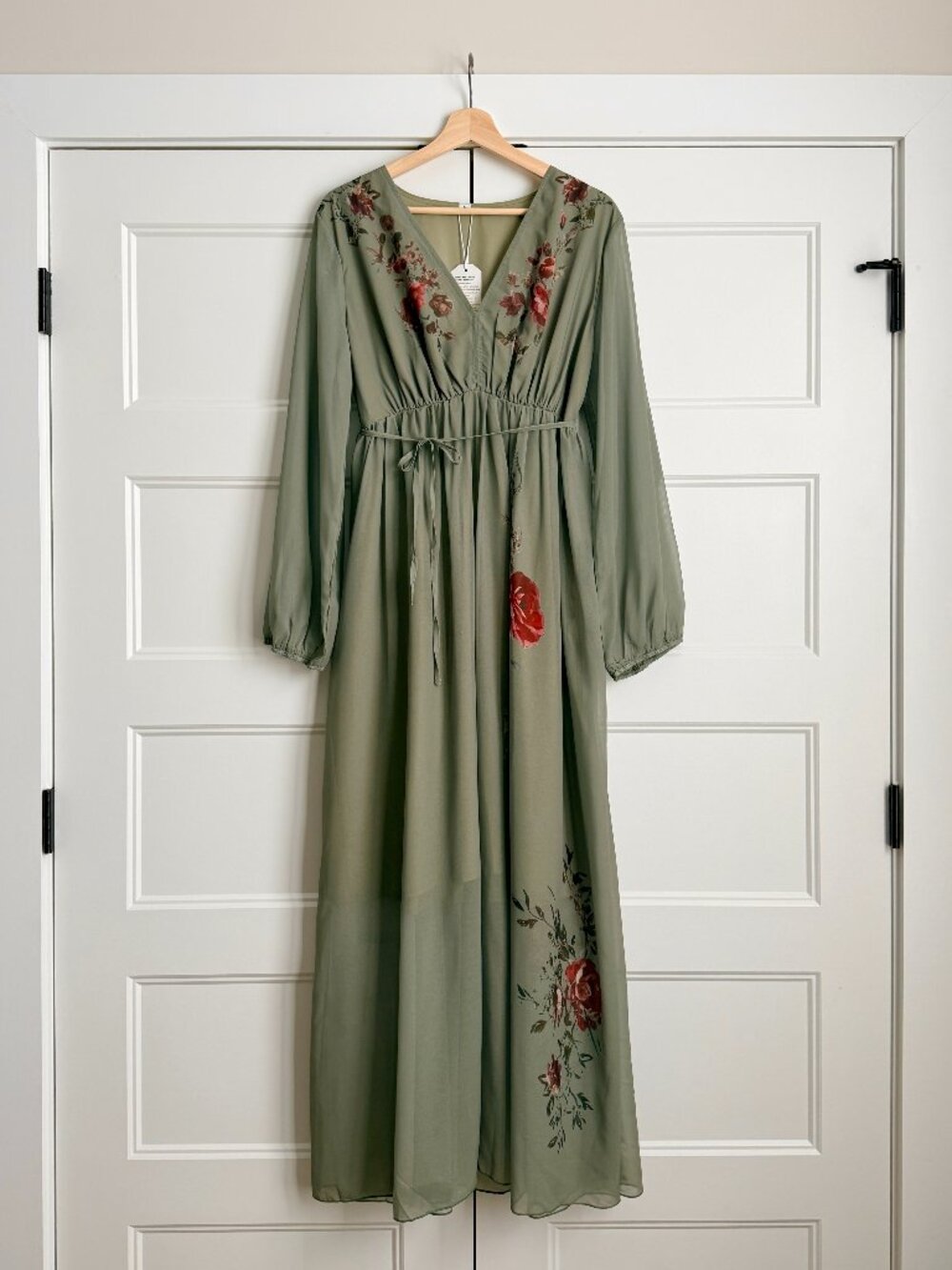Womens Elegant Green Floral Long Sleeve Maxi Dress Large